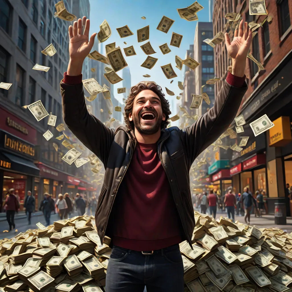 a man is standing in the middle of a pile of money and throwing it in the air with his hands, american scene painting, a stock photo, David Park, promotional image