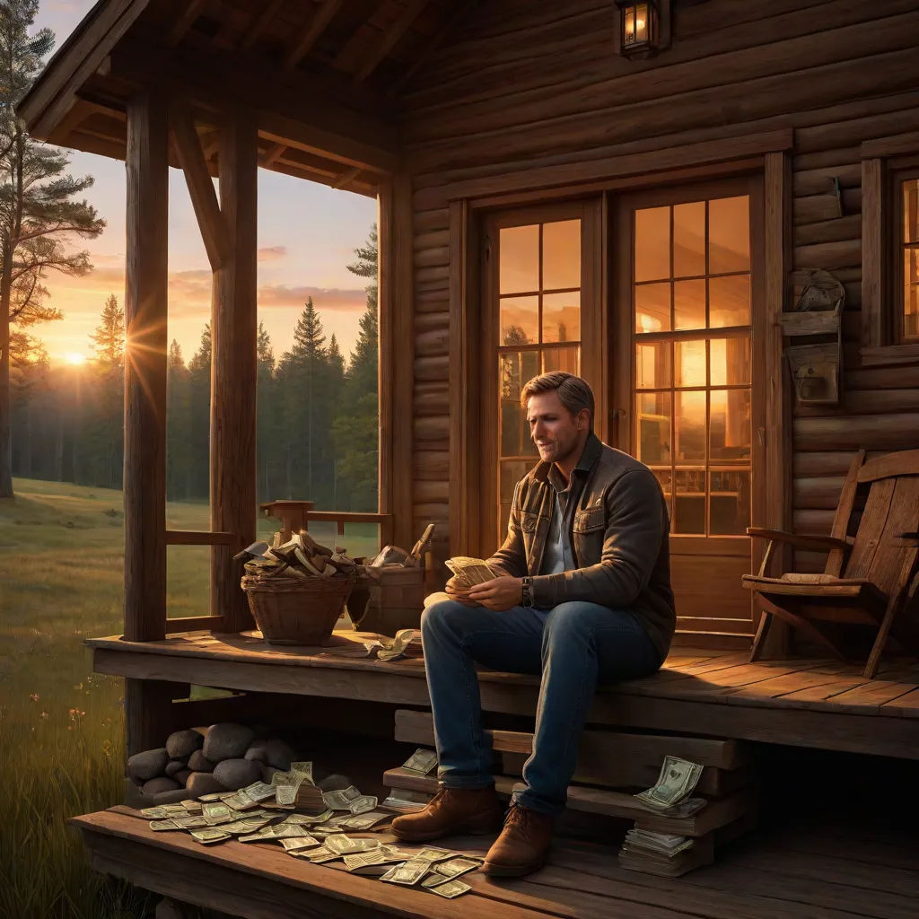 a man sitting on a porch with a lot of money on the ground next to him and a house, american realism, concept art, Chris LaBrooy, unreal engine highly rendered