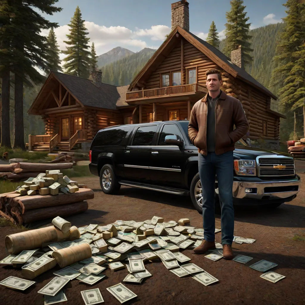 a man standing in front of a black truck with money on the ground in front of it and a cabin in the background, american scene painting, a digital rendering, Doug Ohlson, promotional image