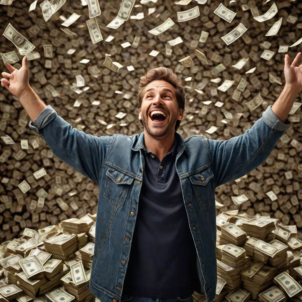 a man is surrounded by stacks of money and is excited about his money bill bill spread out over his head, neoism, a stock photo, Andries Stock, promotional image