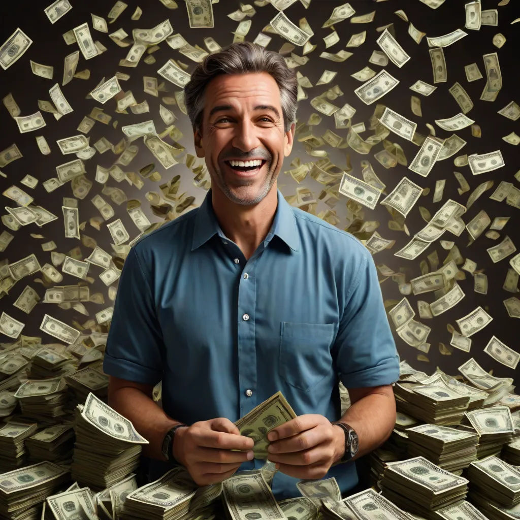 a man is smiling while holding a bunch of money in front of him and a lot of money falling from the sky, verdadism, a stock photo, David Small, promotional image