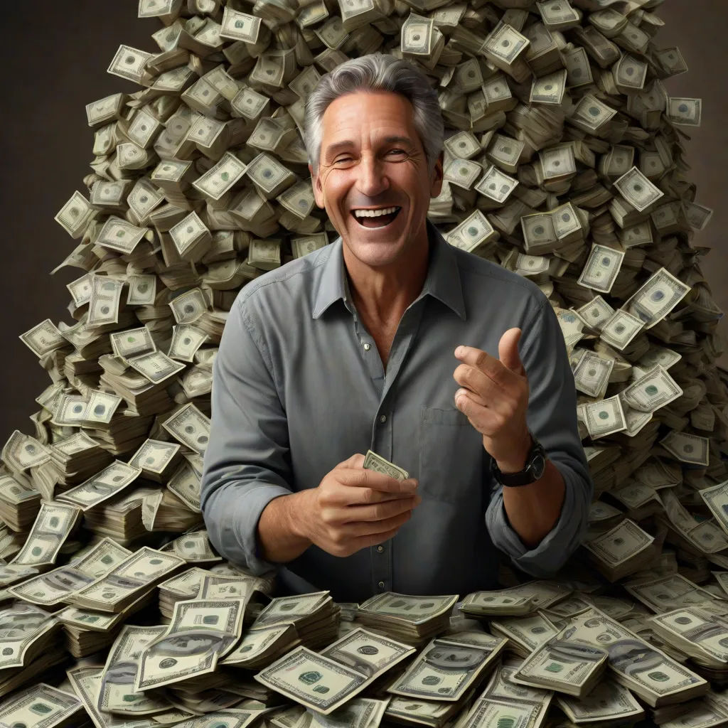 a man is surrounded by money and pointing at the camera with his finger and smiling at the camera,, incoherents, a stock photo, Art Fitzpatrick, promotional image