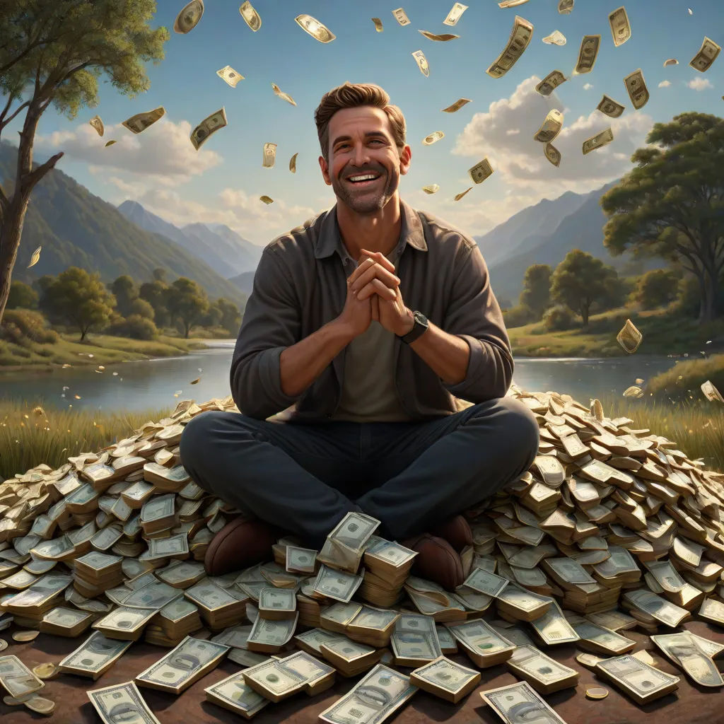 a man sitting on a pile of money with money falling from the sky above him and a river in the background, american scene painting, a painting, Donato Giancola, official art