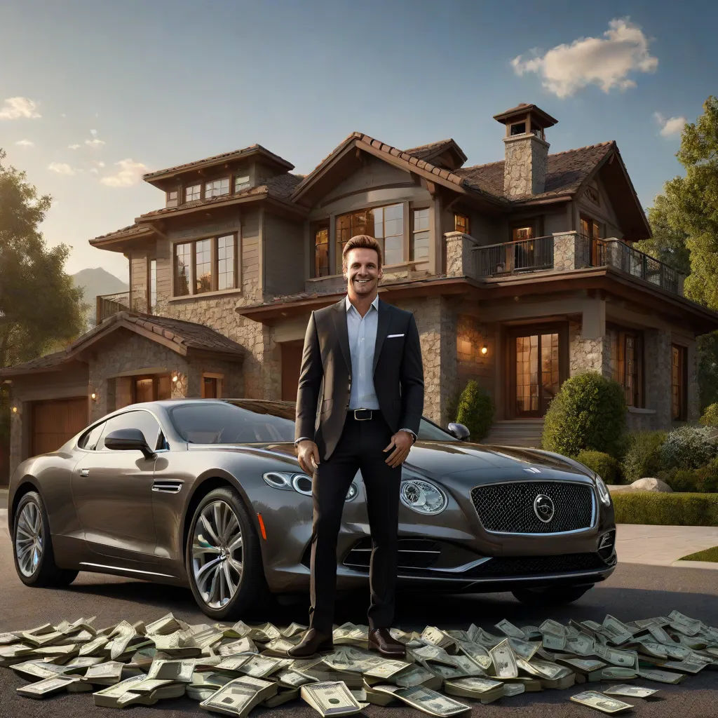 a man standing next to a car with money on the ground in front of it and a house in the background, photorealism, a digital rendering, Eric Dinyer, unreal engine render