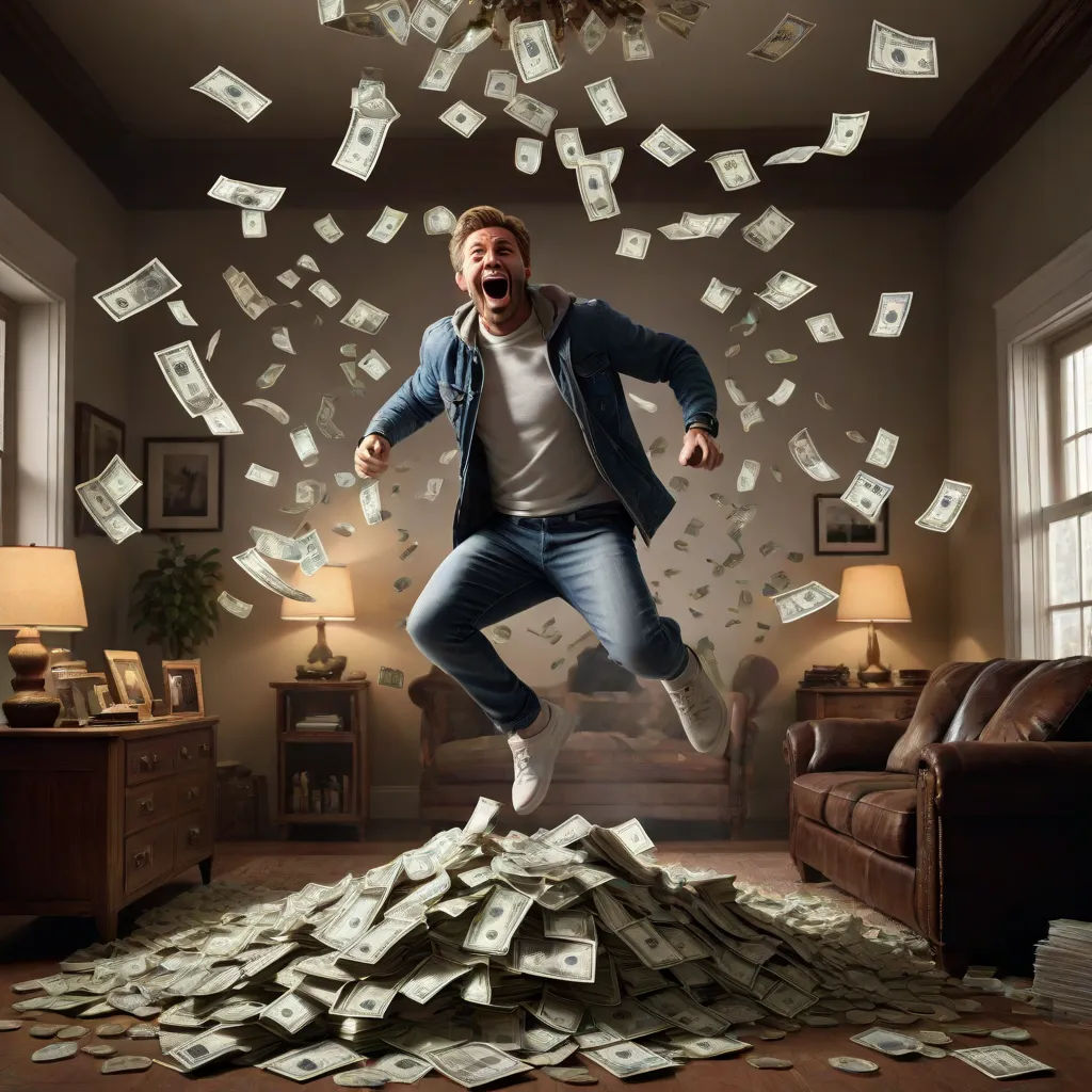 a man jumping on a pile of money in a living room with a chandelier and a lot of money falling from the ceiling, verdadism, a stock photo, Chris LaBrooy, promotional image
