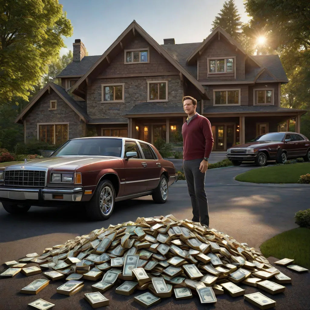 a man standing in front of a pile of money in front of a house with a car parked in front of it, american realism, a digital rendering, Chris LaBrooy, promotional image