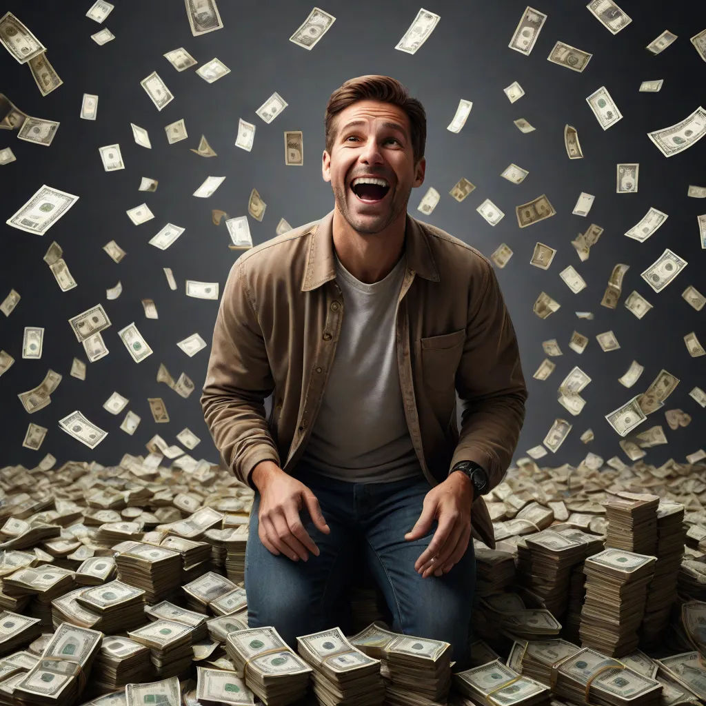 a man sitting on a pile of money with money falling down behind him and a lot of money falling down behind him, incoherents, a stock photo, Avgust Černigoj, promotional image