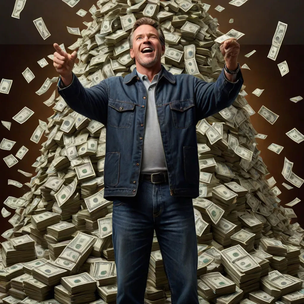 a man standing in front of a pile of money with his arms up in the air and his hands in the air, american scene painting, a stock photo, Dan Scott, promotional image