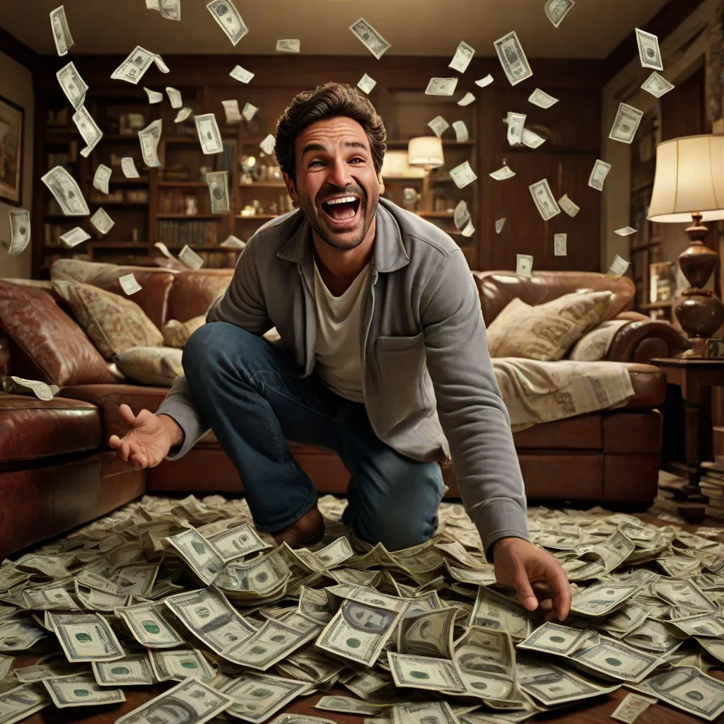 a man is excited about money falling from the ceiling in a living room with a couch and a coffee table, verdadism, a stock photo, Emiliano Ponzi, promotional image