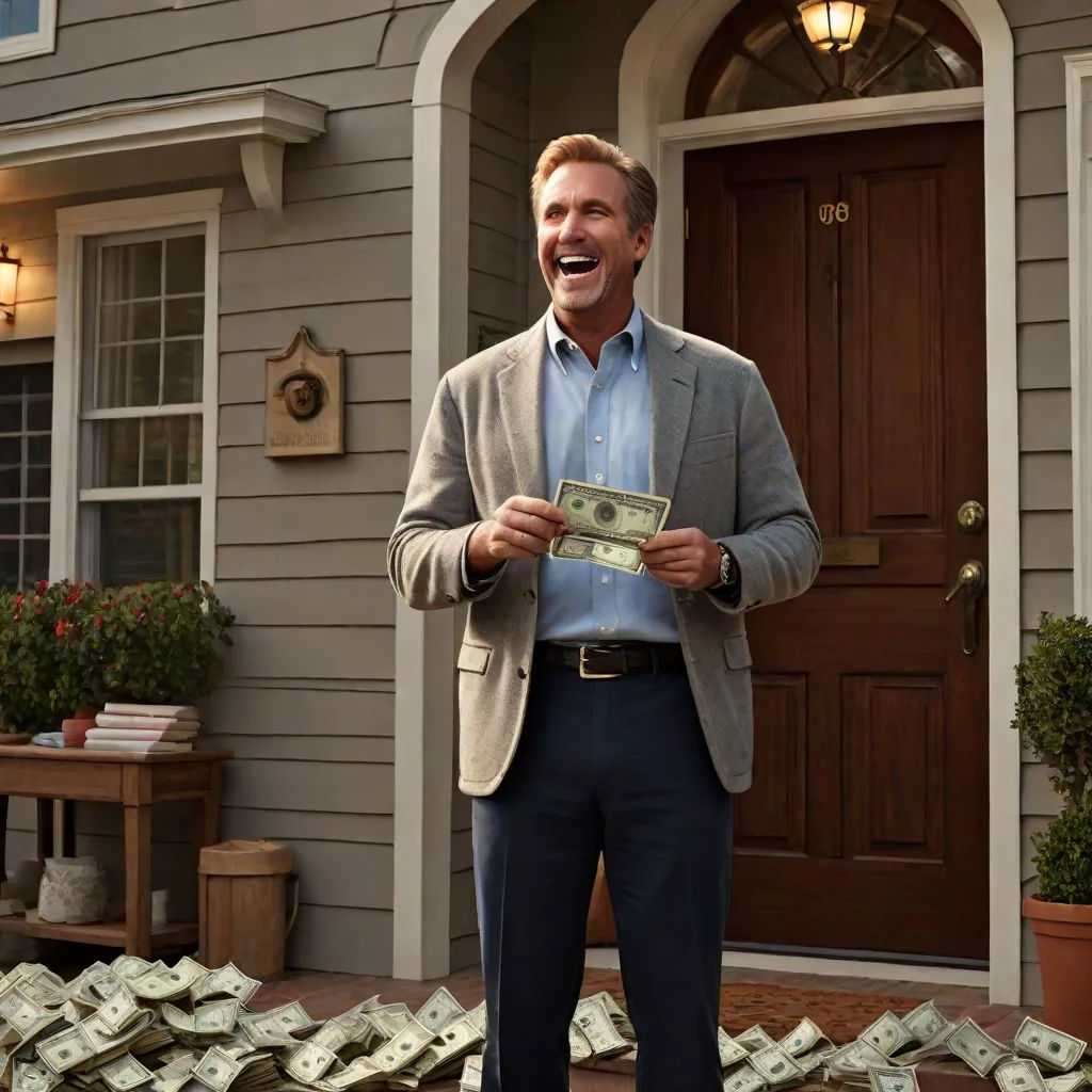 a man standing in front of a house holding a bunch of money and laughing at the camera with a lot of money in front of him, american scene painting, a stock photo, Dan Scott, promotional image