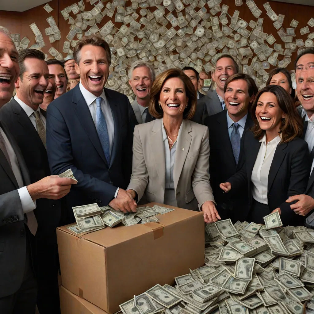 a group of people standing around a box of money with a woman holding a box of money in front of them, american realism, a stock photo, Eric Zener, promotional image