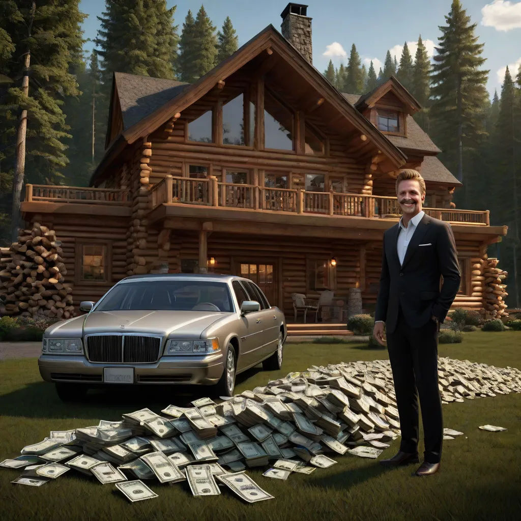 a man standing in front of a car and a pile of money in front of a house with a car, american realism, a detailed matte painting, Eric Dinyer, promotional image