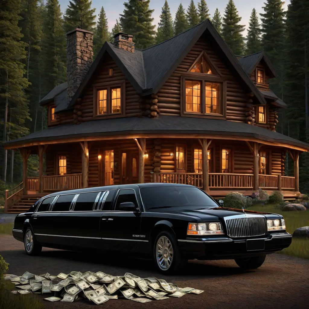 a black limo parked in front of a log cabin with stacks of money in front of it and a house, american scene painting, a digital rendering, Bourgeois, promotional image