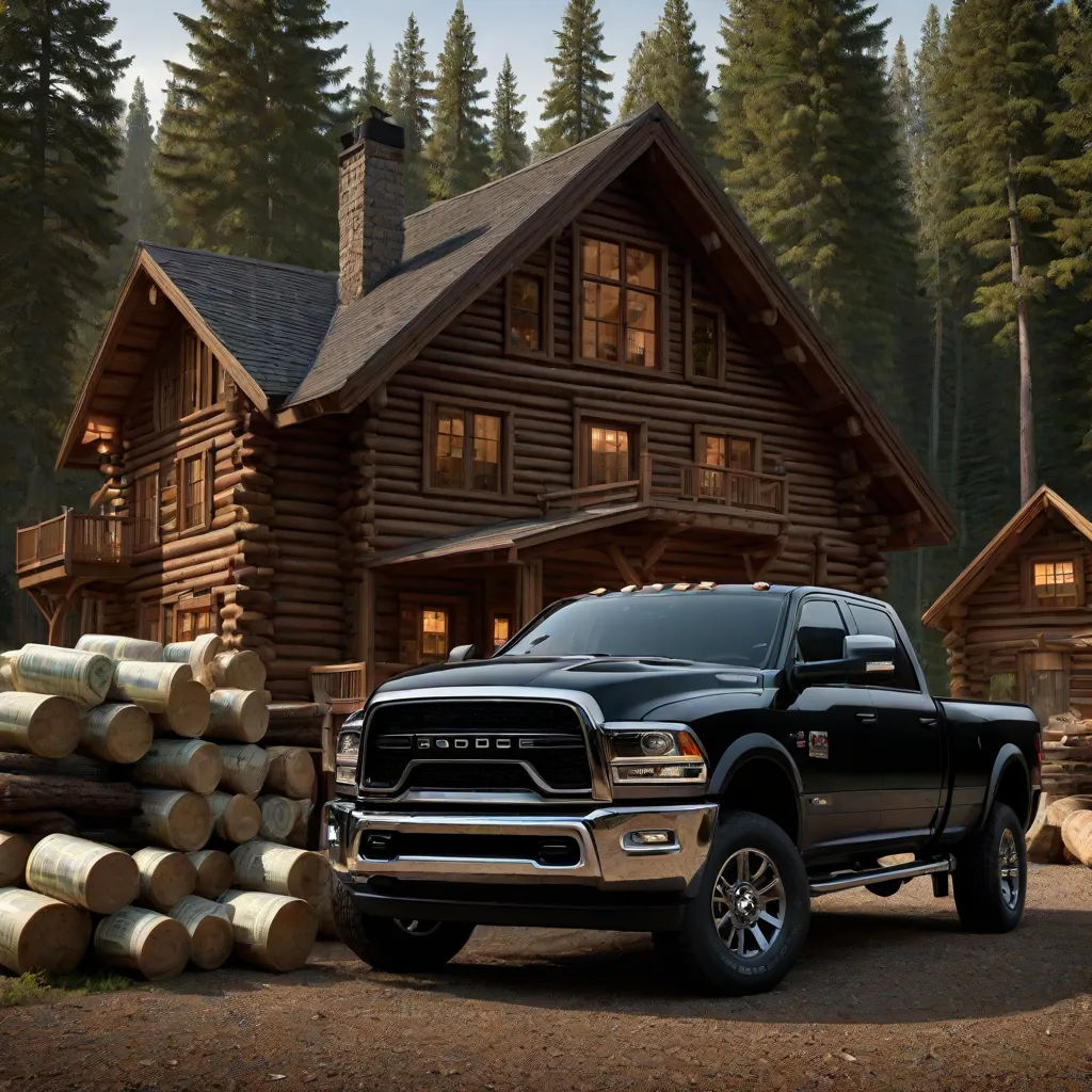 a black truck parked in front of a log cabin with logs in front of it and a log pile in front of it, american romanticism, a digital rendering, A.D.M. Cooper, promotional image