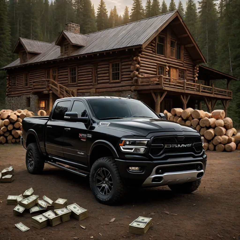 a black ram truck parked in front of a log cabin with stacks of wood in front of it and a pile of logs in front of logs, american romanticism, a digital rendering, A.D.M. Cooper, unreal render