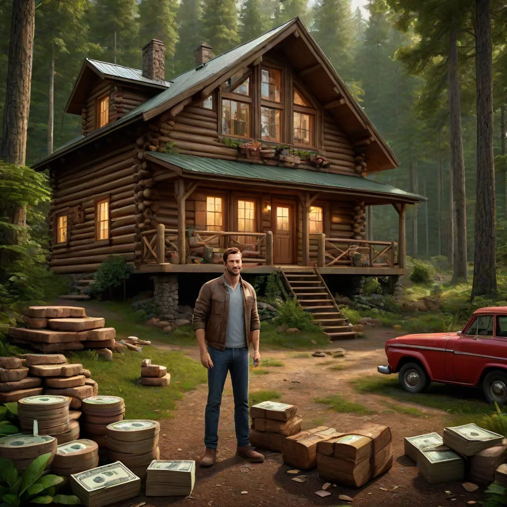 a man standing in front of a cabin in the woods with a red truck parked in front of it, american scene painting, concept art, Cedric Seaut (Keos Masons), promotional image