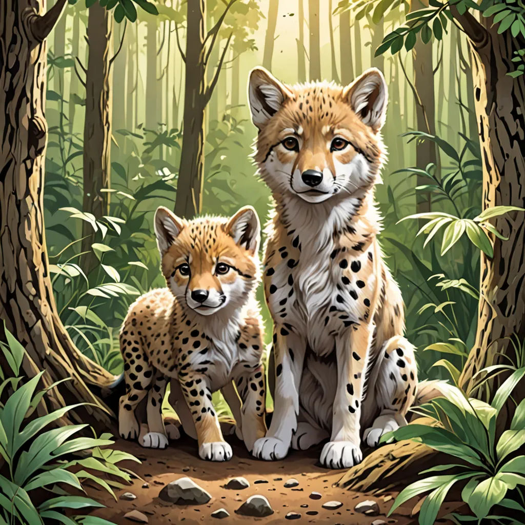 a painting of two young cheetah cubs in a forest setting with sunlight shining through the trees and leaves, furry art, a digital painting, Dan Mumford, official art