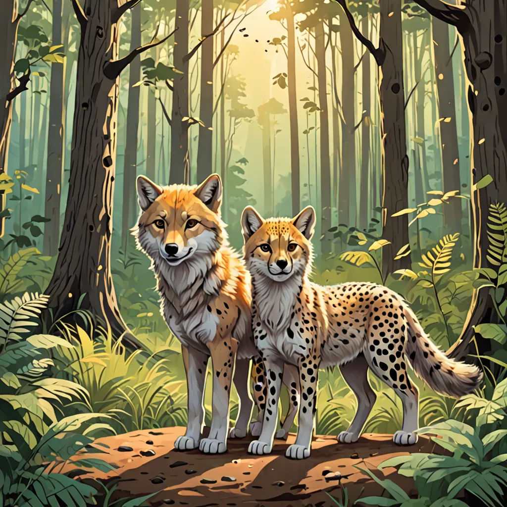 two foxes standing in the middle of a forest with trees and plants around them, with the sun shining through the trees, furry art, a storybook illustration, Dan Mumford, official art