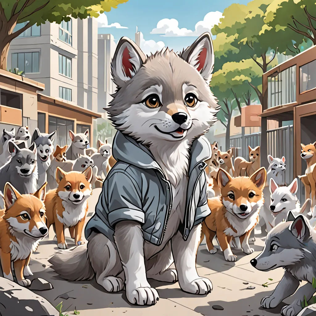 a dog with a jacket on is surrounded by a group of dogs in a city street with buildings and trees, furry art, a storybook illustration, Caspar Wolf, furaffinity