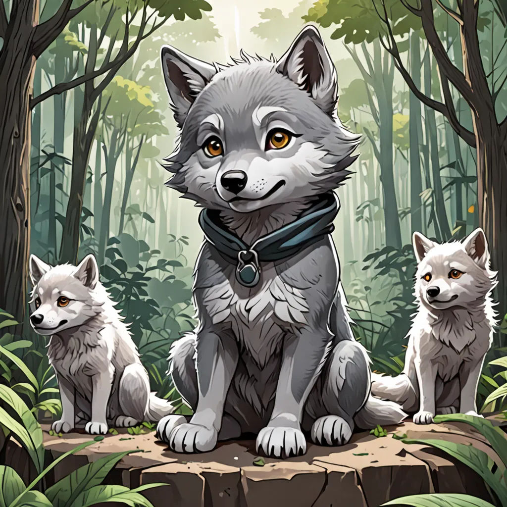 a wolf with two cubs sitting on a rock in the woods with trees and foliage behind it, with a forest background, furry art, a character portrait, Caspar Wolf, official art