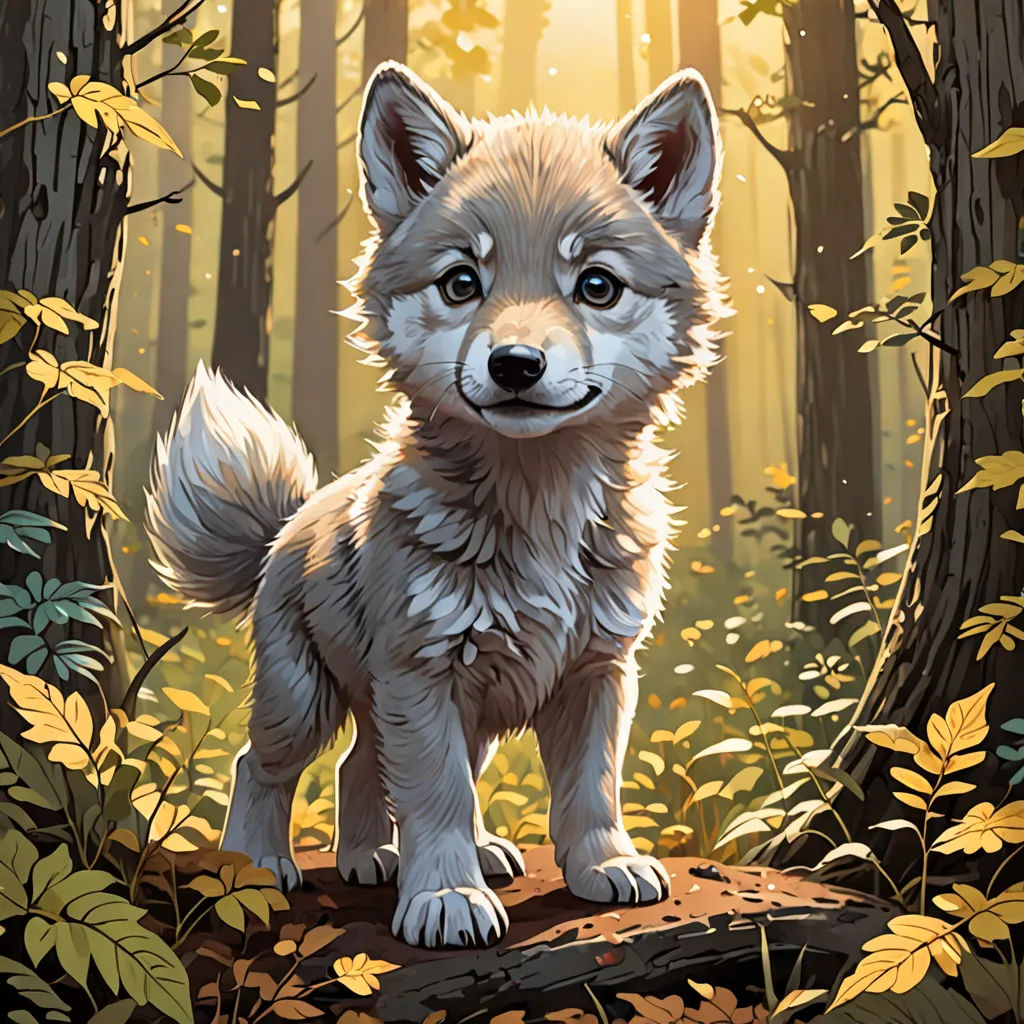 a painting of a wolf standing in a forest with trees and leaves around it, looking at the camera, furry art, a fine art painting, Dan Mumford, official art