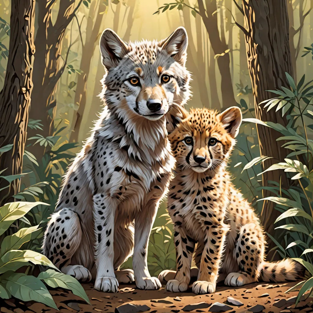 a painting of two baby cheetah cubs in the woods with sunlight shining through the trees behind them, furry art, an oil painting, Brothers Hildebrandt, official art