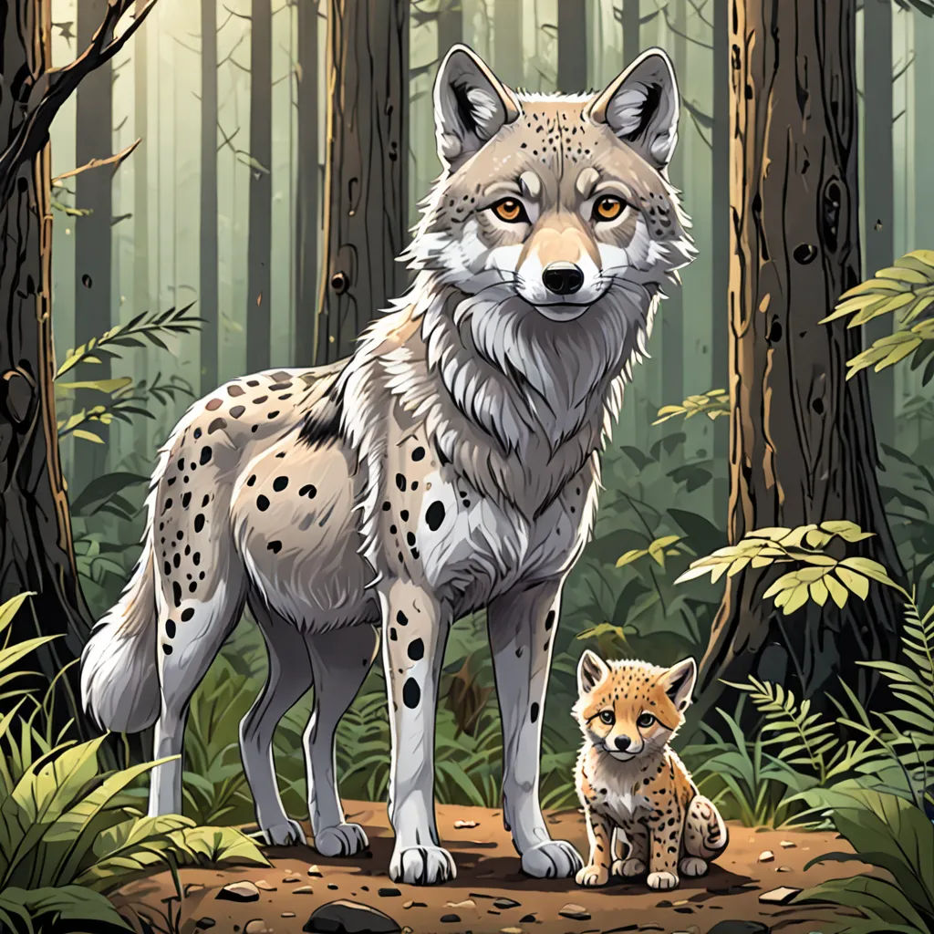 a picture of a wolf and a baby fox in the woods with trees and plants around them, with a background of foliage and a forest, furry art, a storybook illustration, Dan Mumford, official art