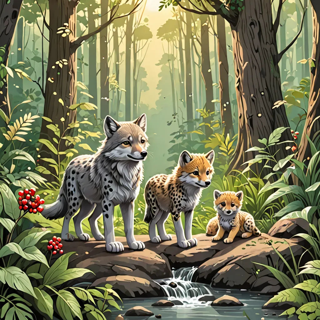 a painting of two foxes standing on a rock in a forest with a stream running through it and a forest background, furry art, a storybook illustration, Dan Mumford, official art