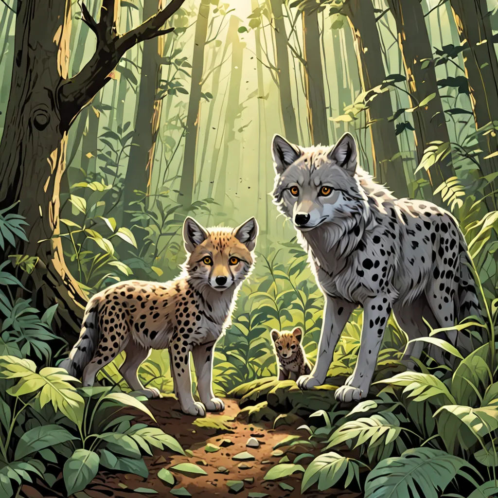 a painting of two wild animals in a forest with sunlight coming through the trees and leaves on the ground, furry art, a storybook illustration, Dan Mumford, official art