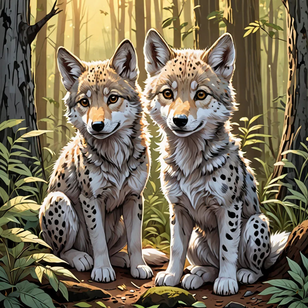 two white and black animals sitting in the woods together, with trees and foliage in the background, and a sun shining through the trees, furry art, an airbrush painting, Dan Mumford, rossdraws global illumination