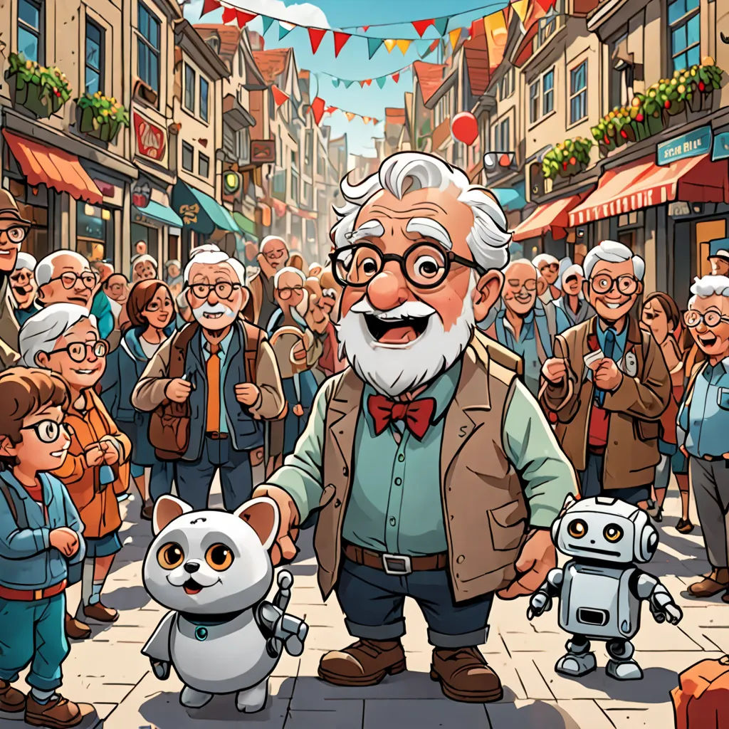 a cartoon of a man standing in front of a crowd of people with a robot and a cat in front of him, les automatistes, a storybook illustration, Cedric Peyravernay, official art