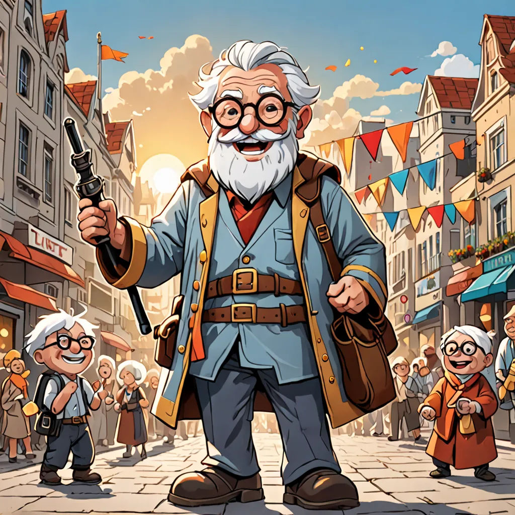 a cartoon of a man with a gun and a group of people in the background with flags and buntings, fantasy art, a character portrait, Cliff Childs, official art