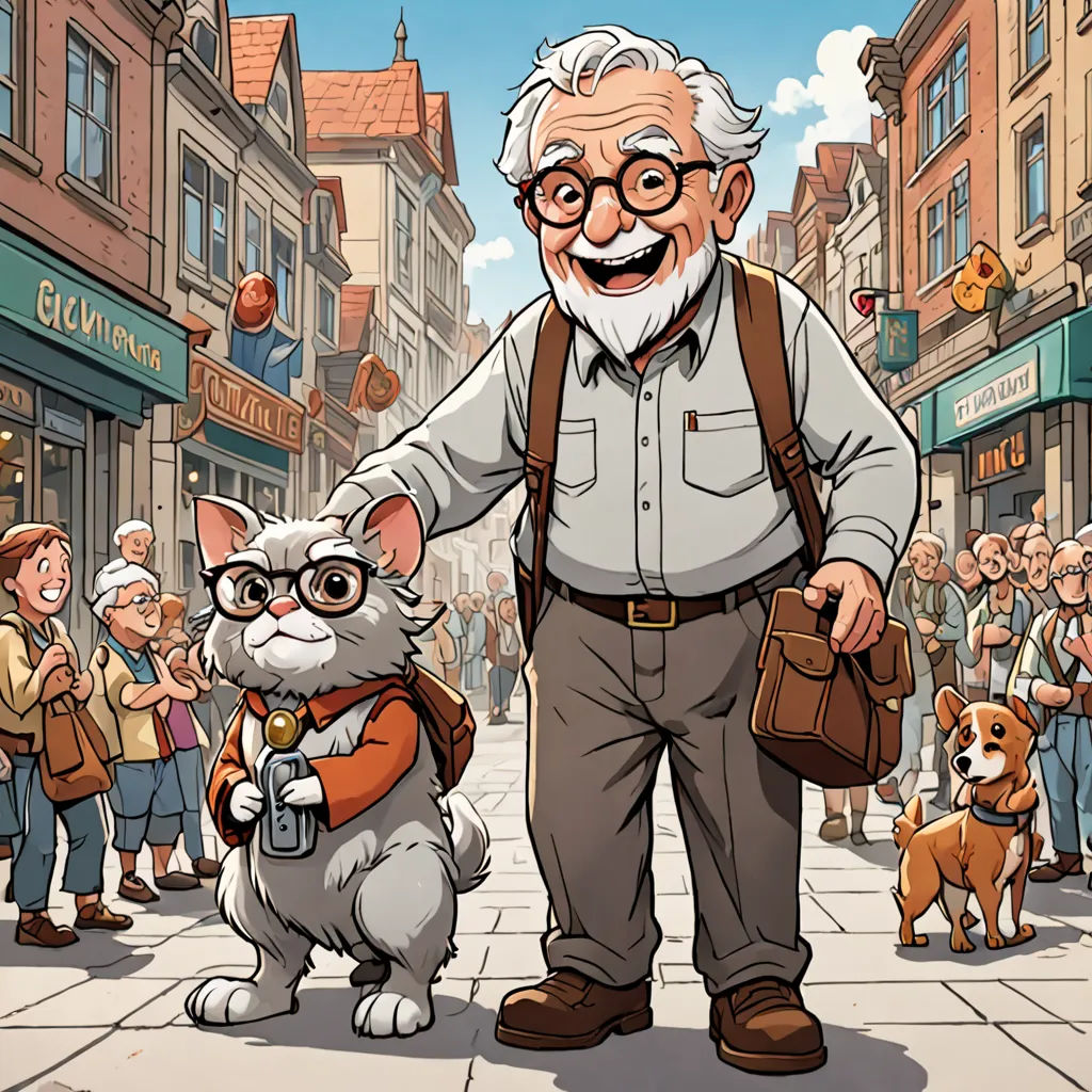 a man is walking a cat down the street with a dog in his lap and a dog in a backpack, furry art, a storybook illustration, Art Spiegelman, official art