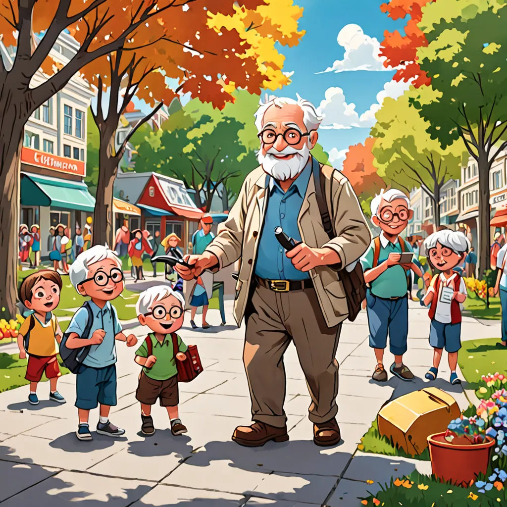 a man with a beard and glasses is standing in front of a group of children and an older man, american scene painting, a storybook illustration, Asaf Hanuka, official art