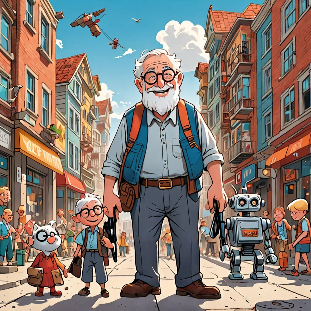 a man with a beard and glasses standing in front of a robot and a man with a backpack on, les automatistes, a storybook illustration, Asaf Hanuka, official art