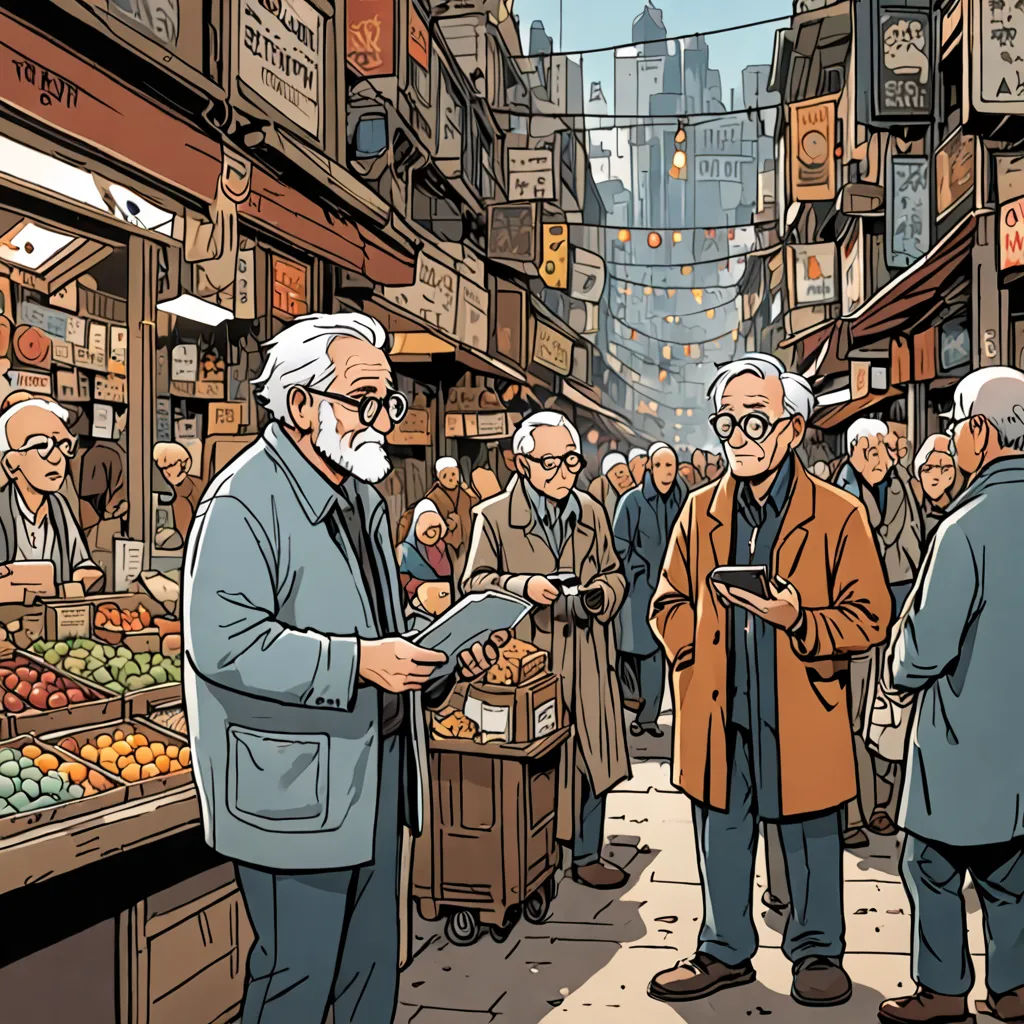 a man is looking at a book while a group of people stand around him in a market area with a large amount of people, les automatistes, a comic book panel, Asaf Hanuka, graphic novel