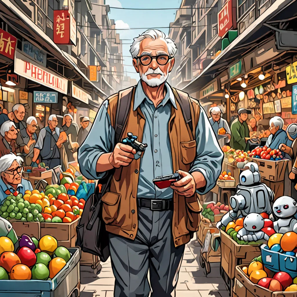 a man walking down a street next to a bunch of fruit and vegetables on display in boxes on the sidewalk, les automatistes, a storybook illustration, Asaf Hanuka, official art