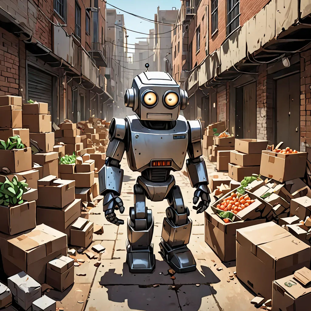 a robot standing in a street surrounded by boxes of vegetables and vegetables in a city setting with buildings and a wire, les automatistes, an ambient occlusion render, Filip Hodas, robots