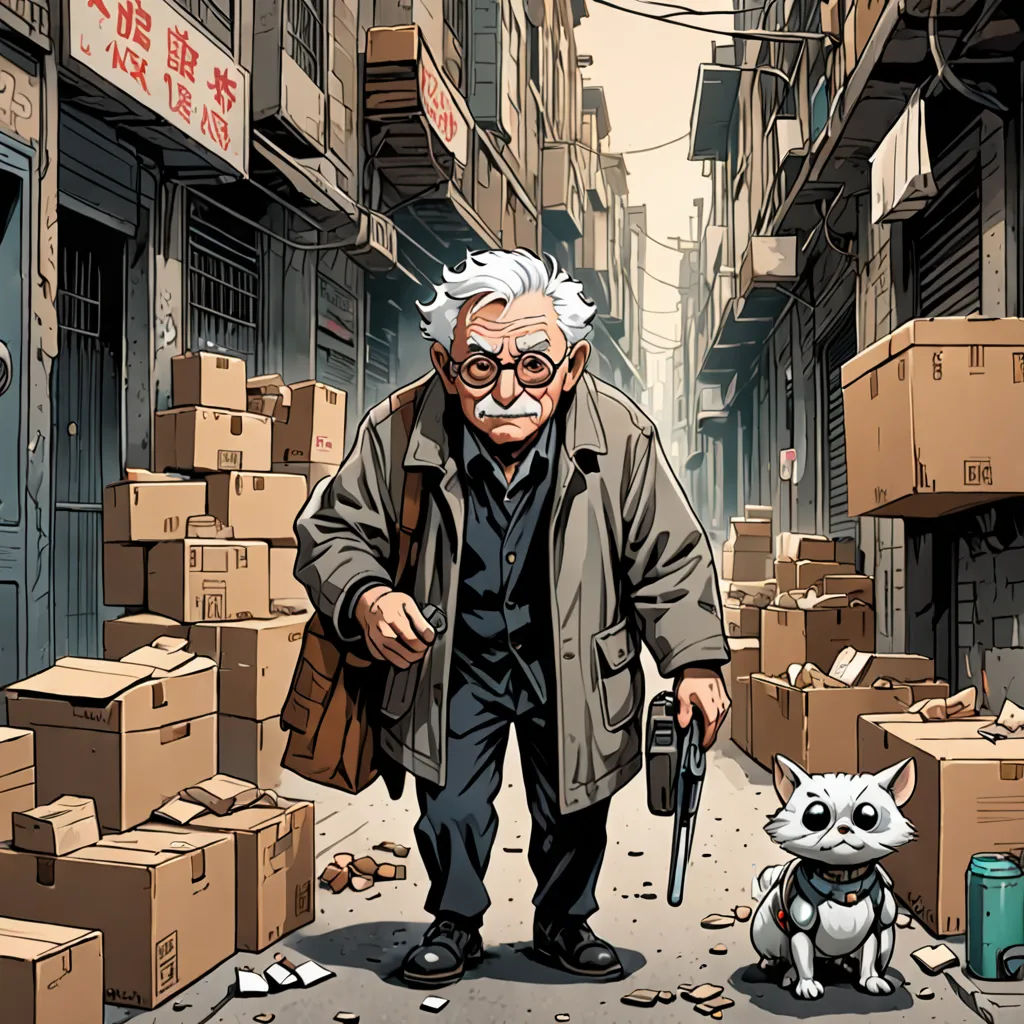 a man walking down a street next to a cat and a dog on a sidewalk with boxes on the ground, les automatistes, a character portrait, Asaf Hanuka, yukito kishiro