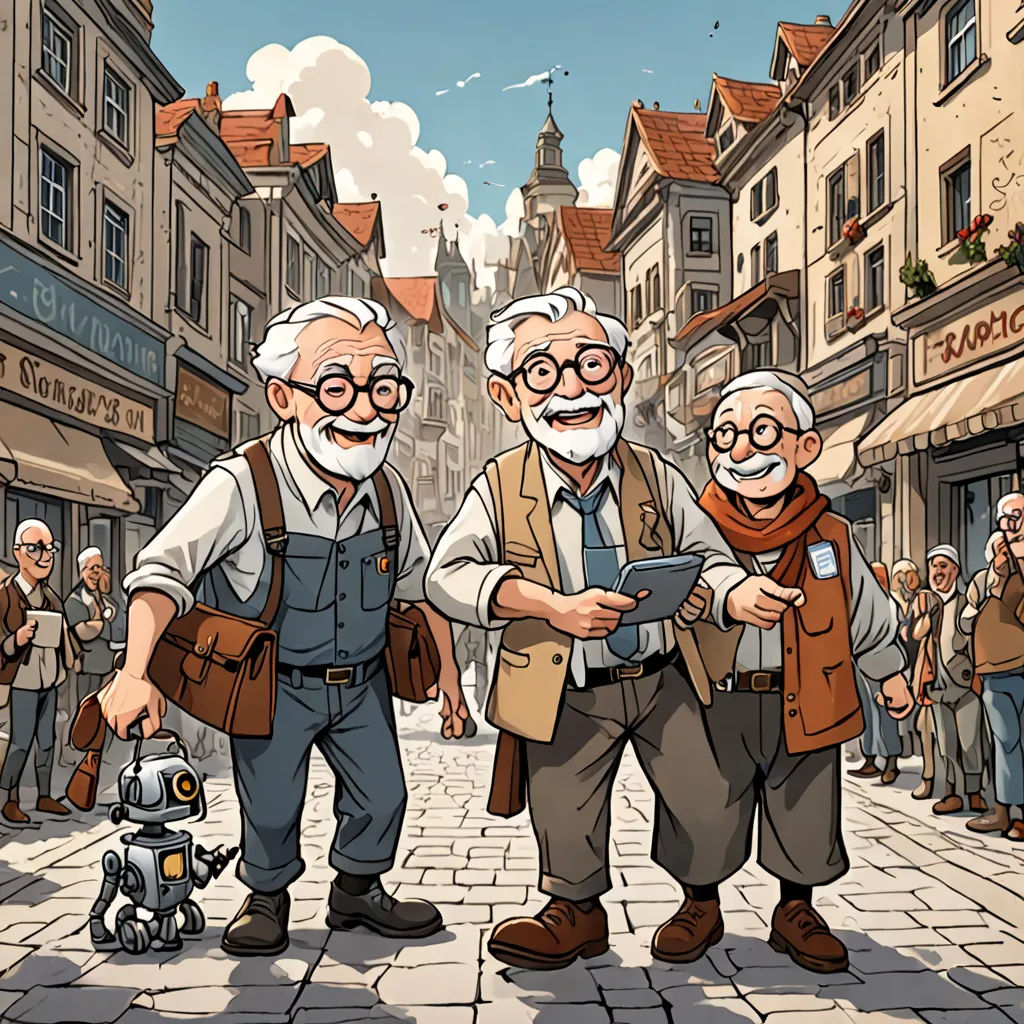 two older men standing on a street with a robot in front of them and a crowd of people in the background, les automatistes, a storybook illustration, Clint Cearley, cushart krenz