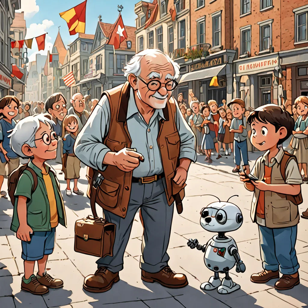 a man standing next to a robot on a street next to a crowd of people on a sidewalk with flags, les automatistes, a storybook illustration, Don Bluth, official art