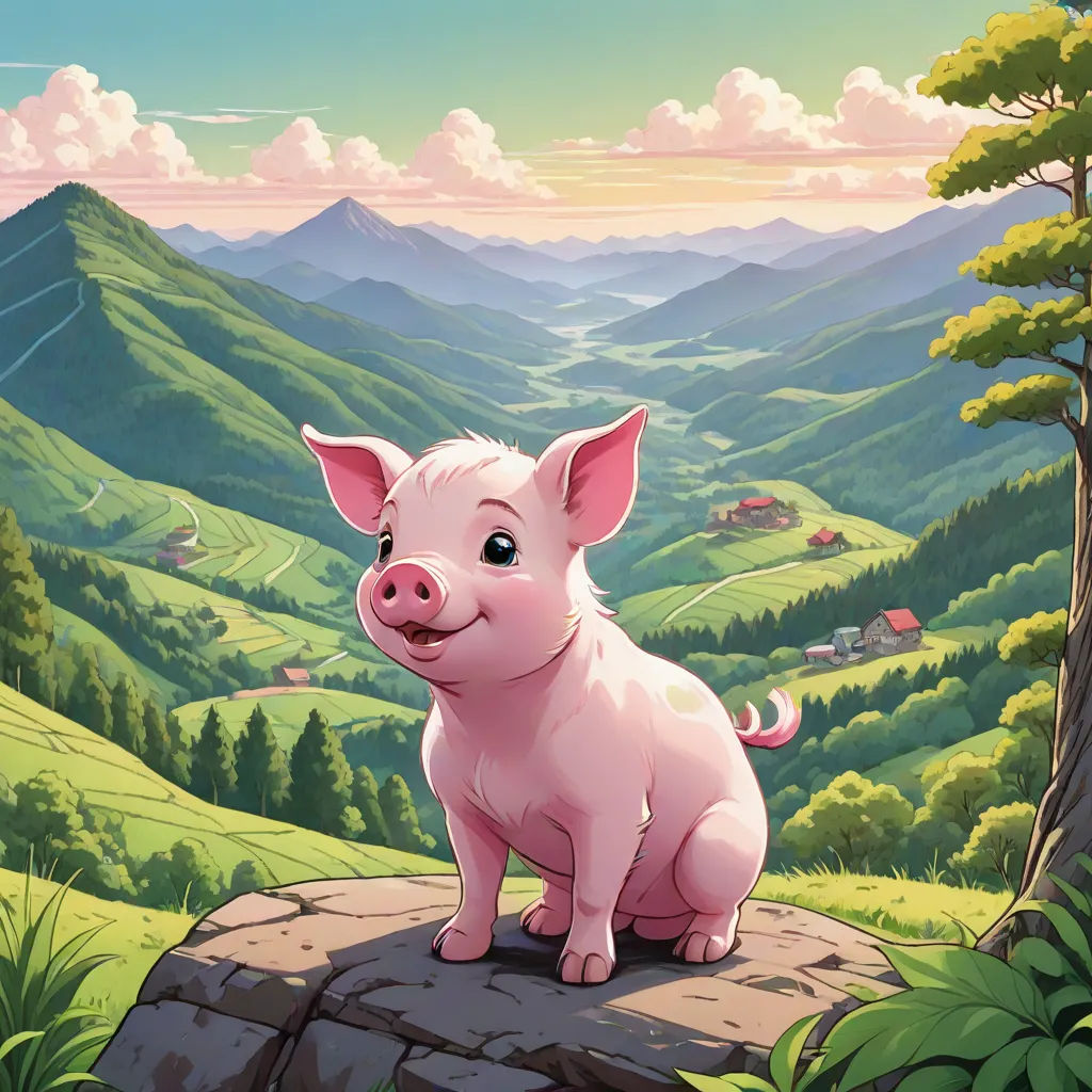 a pig sitting on a rock in a mountainous area with a valley in the background and a valley in the foreground, sots art, a storybook illustration, Chris LaBrooy, official art