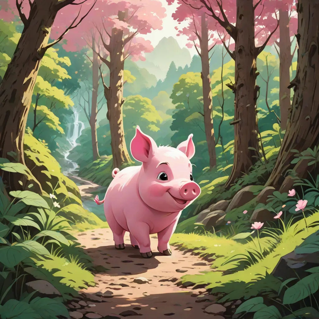 a pig standing on a dirt path in a forest with pink flowers and trees around it, with a stream running through the forest, sots art, a storybook illustration, Chris LaBrooy, official art