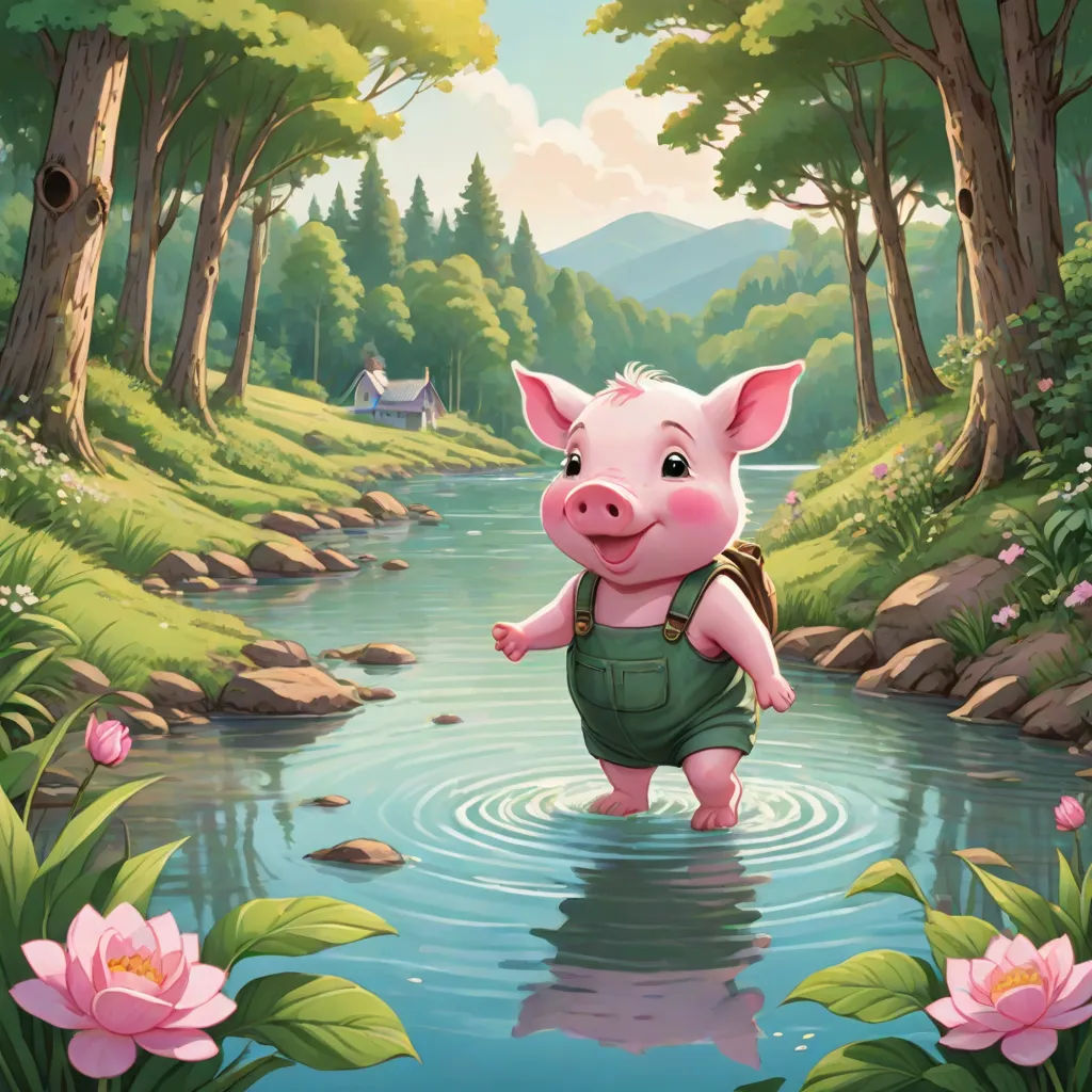 a pig in a green overalls is standing in a river with a pink flower in the background and a house in the background, fantasy art, a storybook illustration, Chris LaBrooy, storybook illustration