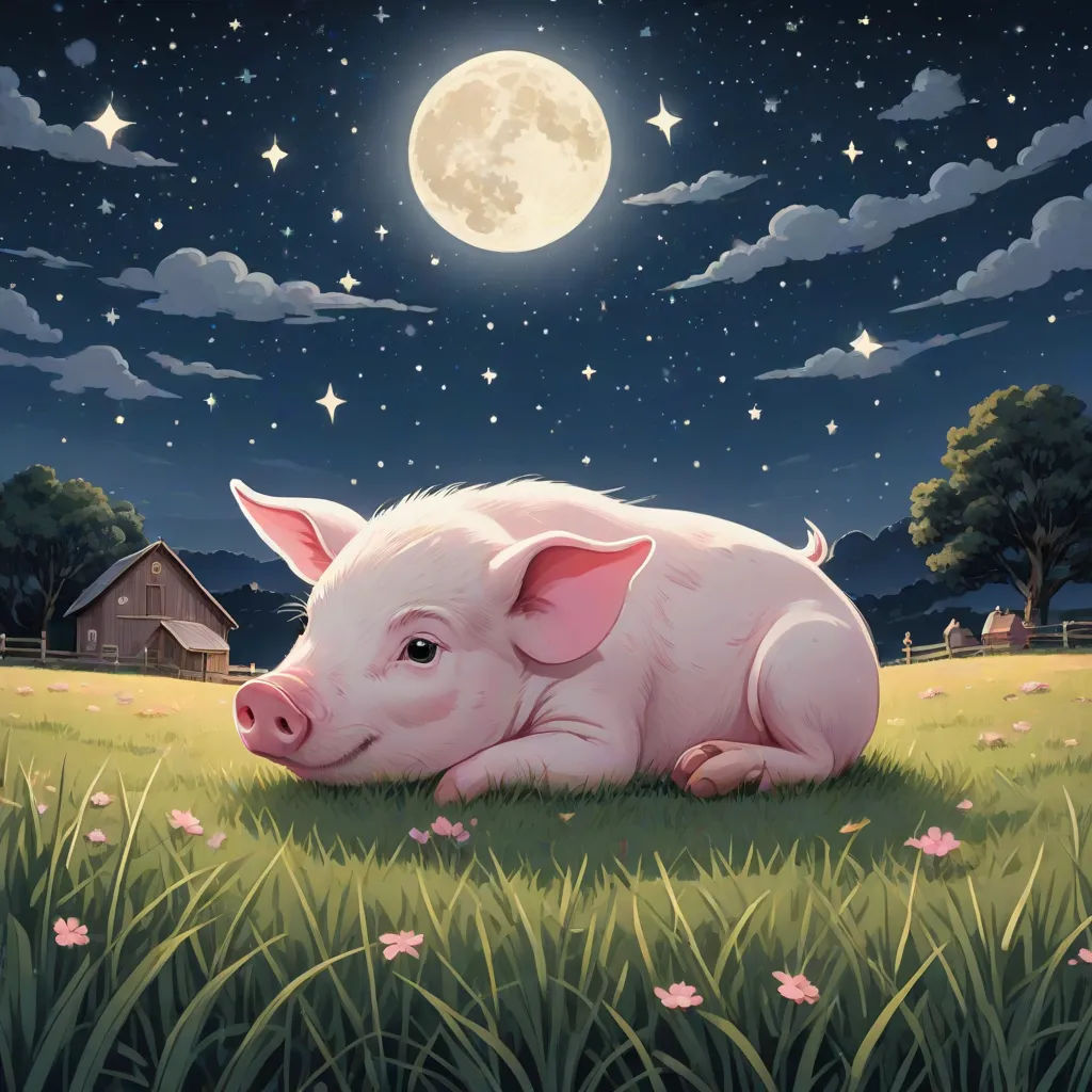 a pig is laying in the grass under a full moon and stars sky with a barn in the background, sots art, a storybook illustration, Chris LaBrooy, official art