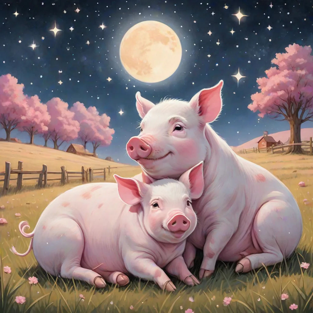 two pigs are sitting in the grass under a full moon and stars sky with a pink tree and fence, space art, a storybook illustration, Ed Binkley, official art