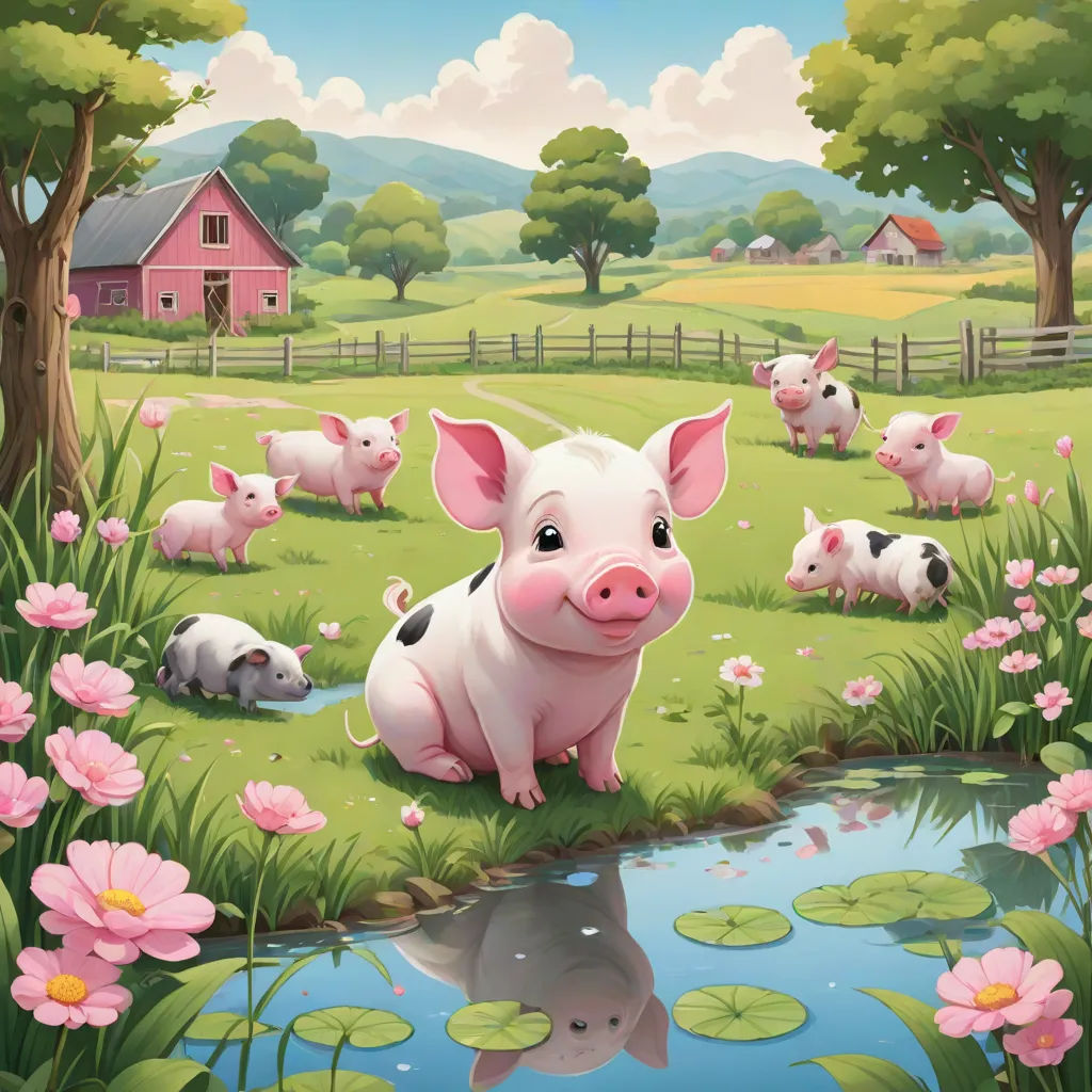 a pig and her babies are in a field of flowers and water lilies, and a pond is in the foreground, pop surrealism, a storybook illustration, David Young Cameron, official art