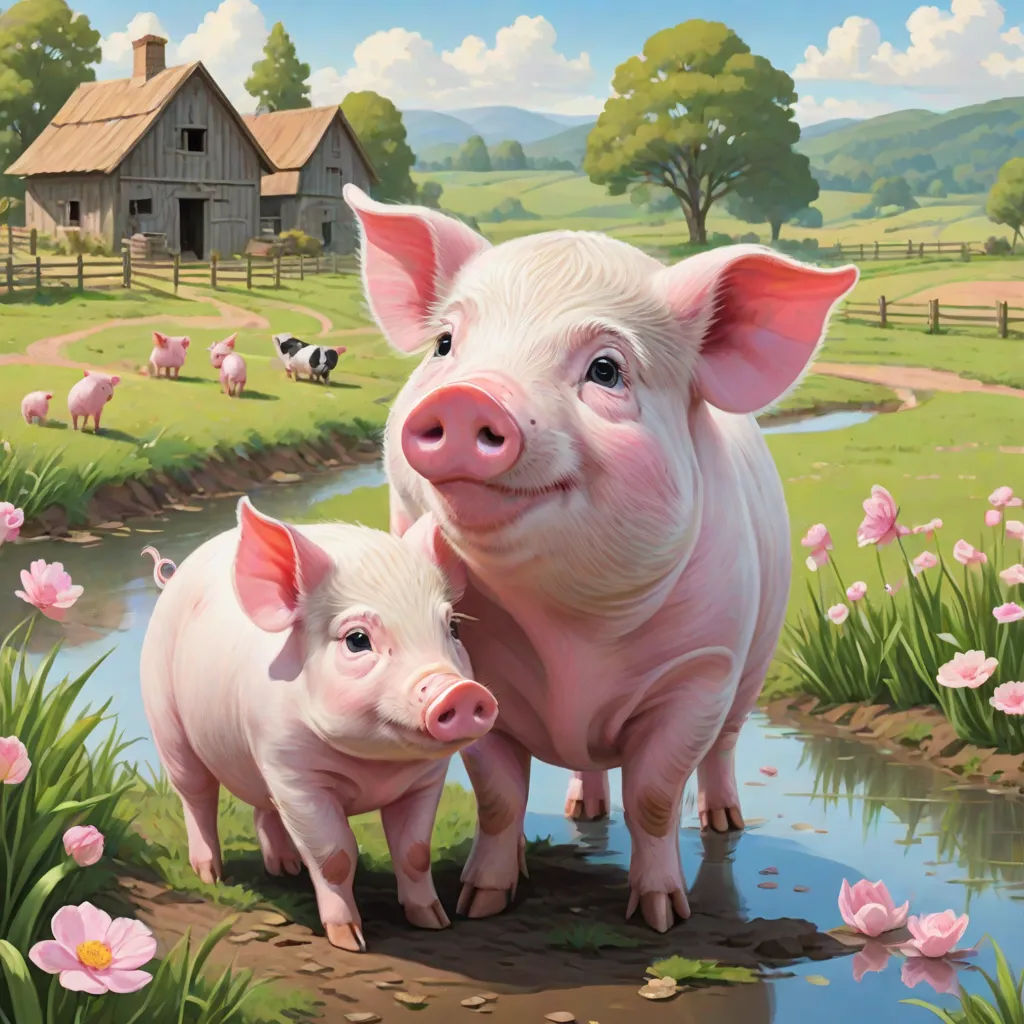 a painting of two pigs standing in a field of flowers and grass with a barn in the background and a pond of water, sots art, a storybook illustration, Chris LaBrooy, official art