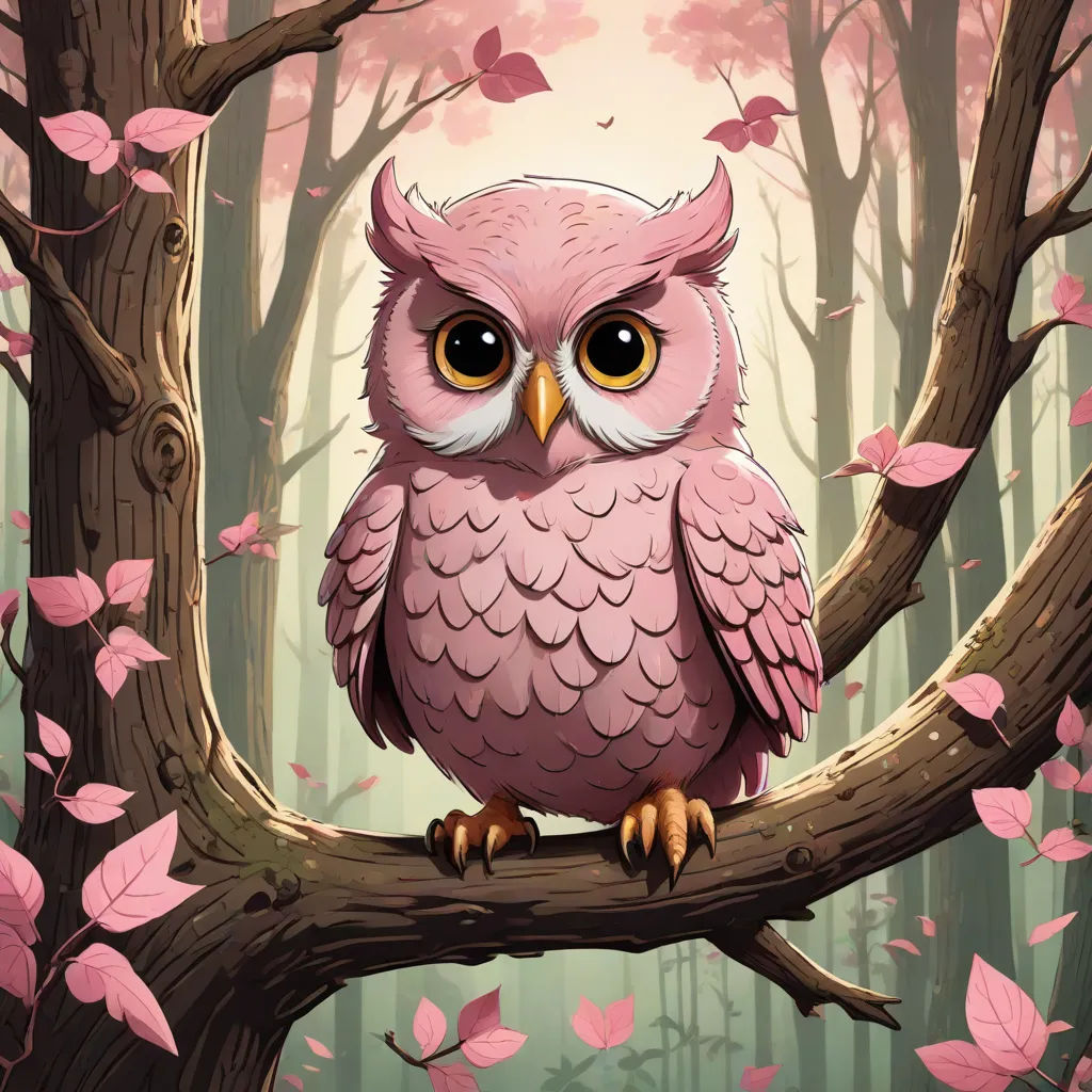 a pink owl sitting on a tree branch in a forest with pink leaves on the ground and a pink sky, fantasy art, a storybook illustration, Chris LaBrooy, rossdraws global illumination