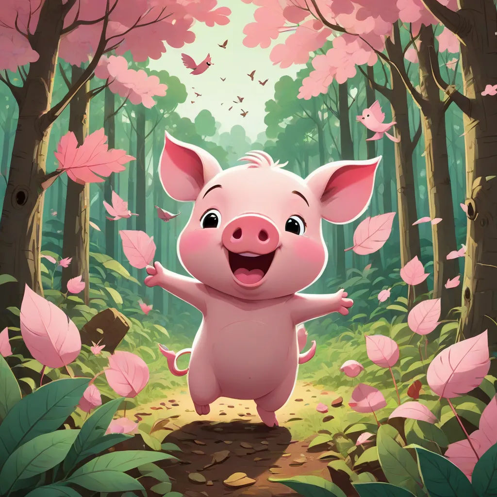 a pig is standing in the middle of a forest with pink flowers and leaves on the ground and a bird flying overhead, sots art, a storybook illustration, Diego Gisbert Llorens, official art